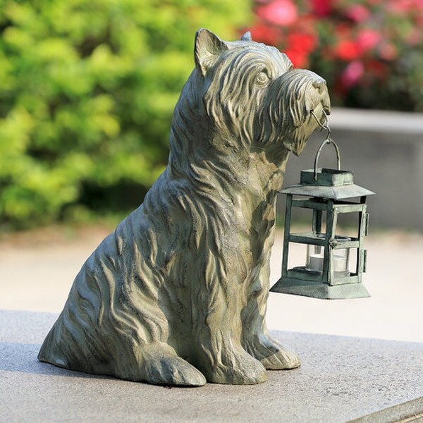 Lantern Dog Holding Lantern in Mouth Sculpture Terrier Candle holder